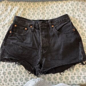 Levi's Black Jean 501 Distressed Shorts with Button Fly